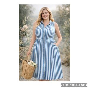 AVA & VIV RAYON BLUE STRIPE BUTTON DOWN SLEEVELESS POCKETS MIDI DRESS